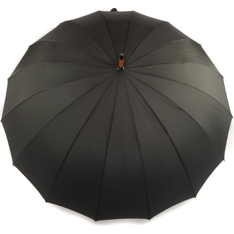 Long black 16-rib umbrella with wooden cane