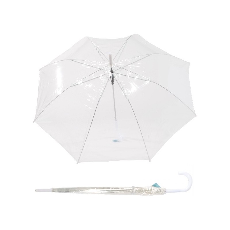 Long transaprent umbrella with white cane