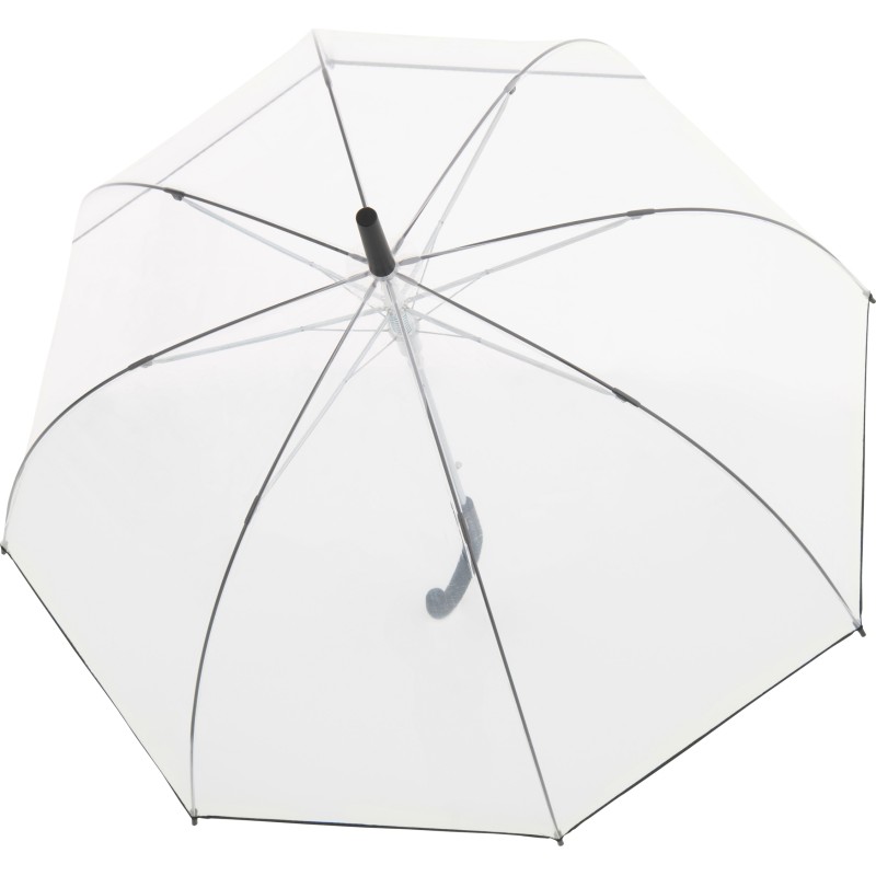 Long transparent umbrella with black rim and cane