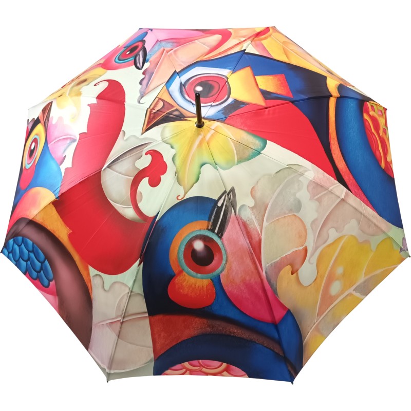 Long modern art umbrella with colorful bird print