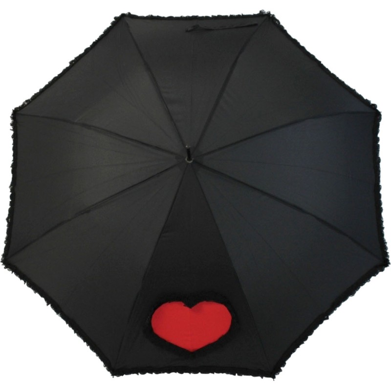 Long parapluie noir avec cœur rouge et dentelle sur bor