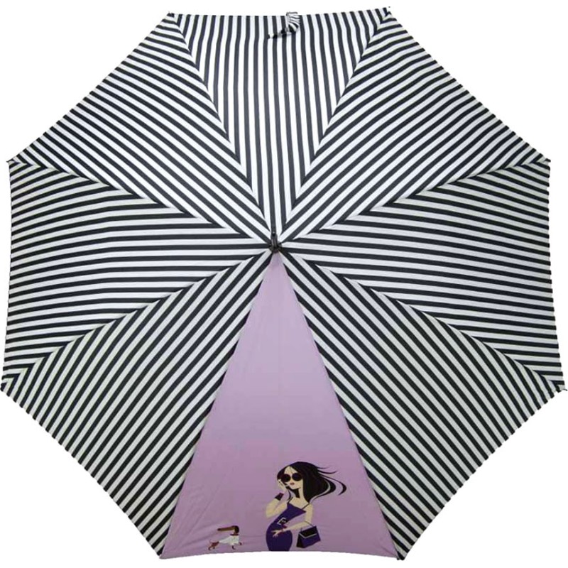 Long parapluie rayé bicolore noir/blanc avec un pan uni