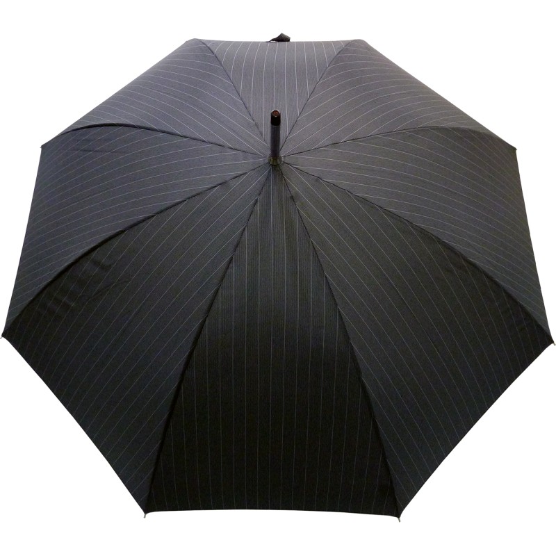 Long umbrella with thin gray lines and wooden cane