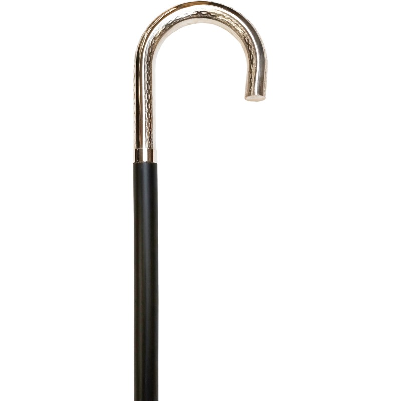 Black cane, wood, curved J-shaped handle, silver plated