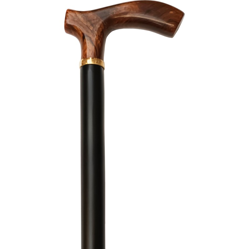 Black wooden cane, gold ring, straight ron handle