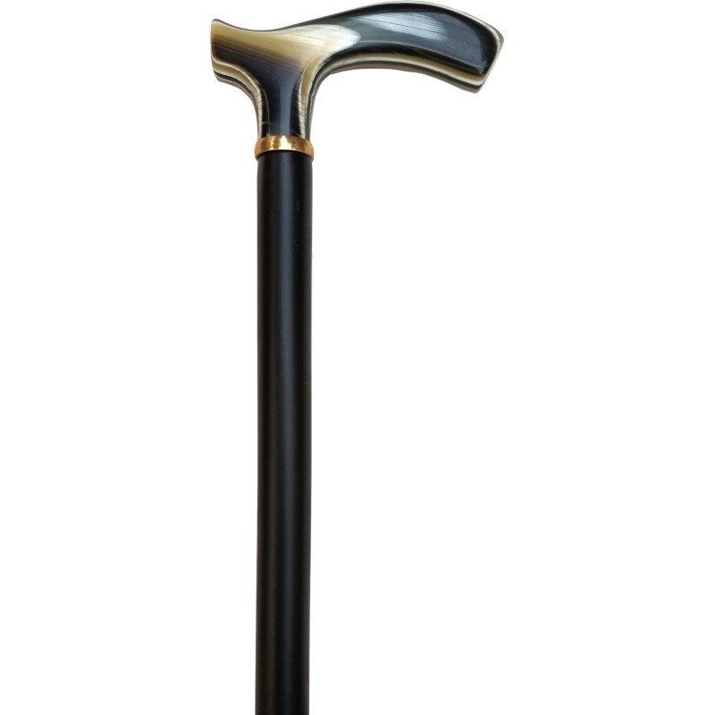 Black wooden cane, gold ring, straight horn handle