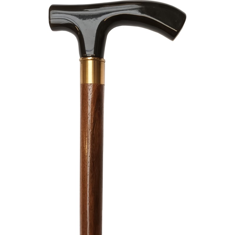 Brown cane, wooden, golden ring, straight anthracite marbled handle