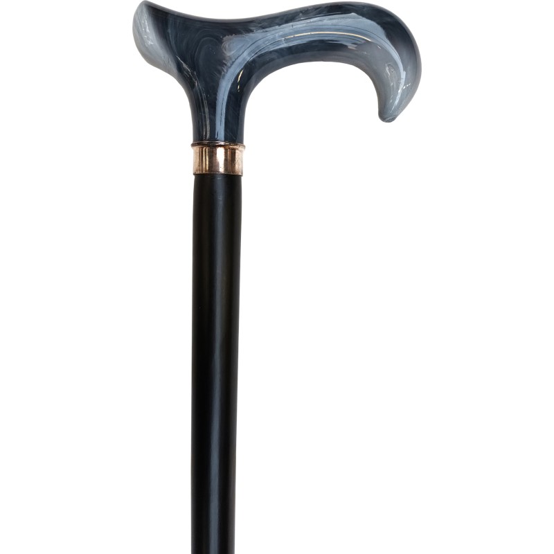 Black wooden cane, silver ring, gray marbled hook handle