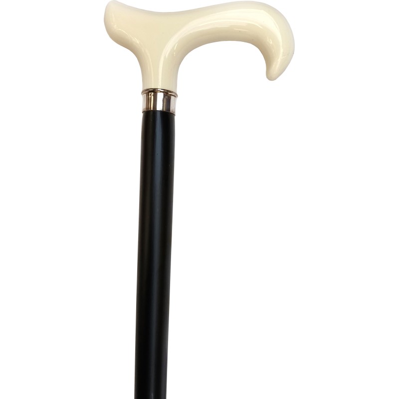 Black wooden cane, gold ring, ivory hook handle