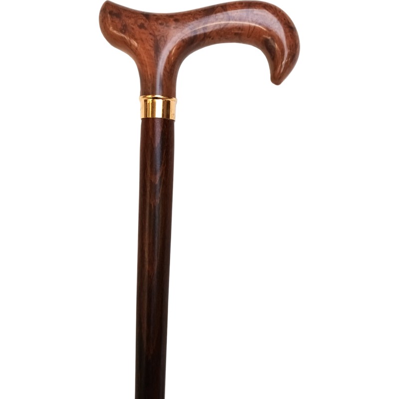 Brown wooden cane, golden ring, burl walnut hook handle