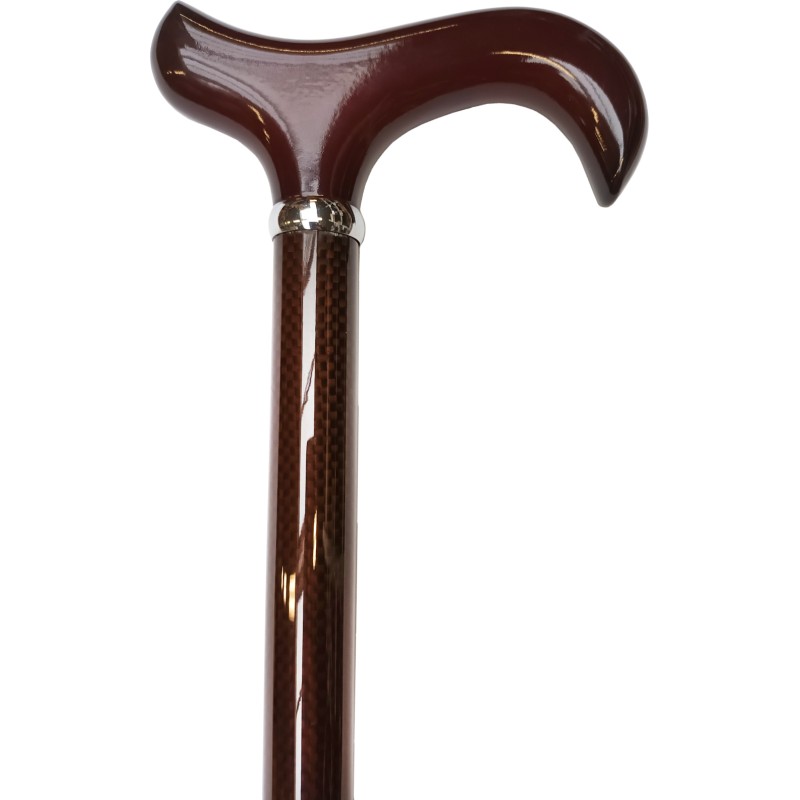 Brown carbon fiber cane, silver ring, wooden hook handl