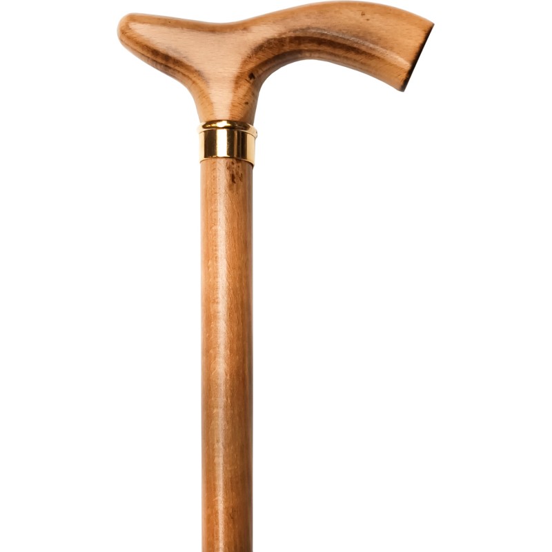 BROWN cane, flamed wood, gilded ring, straight handle