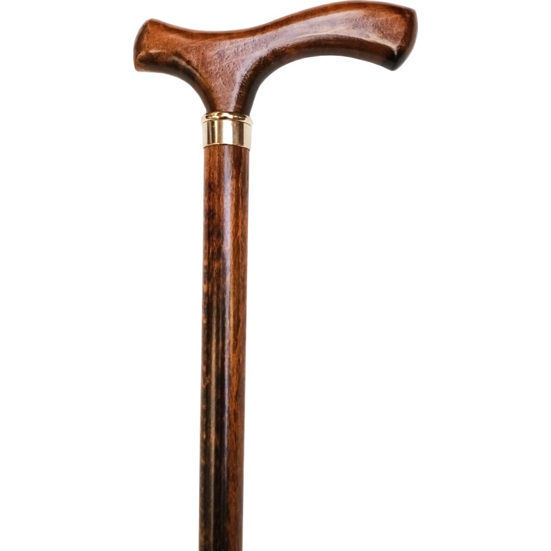 Brown cane, wood, gold ring, straight handle