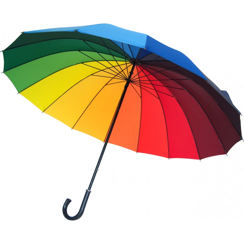 Long rainbow colored umbrella in BLUE with cane