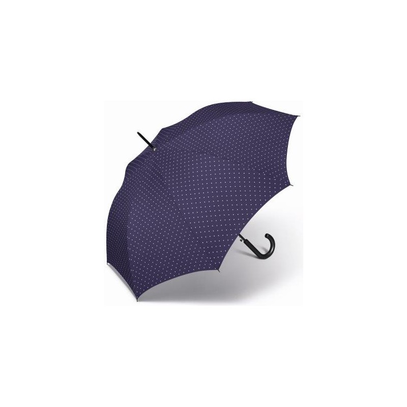 Long plain umbrella with white polka dots and cane