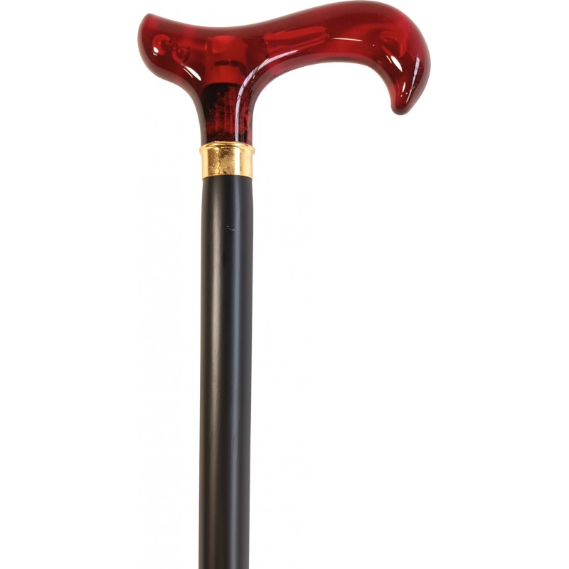 Black wooden cane, gold ring, red tortoiseshell hook handle