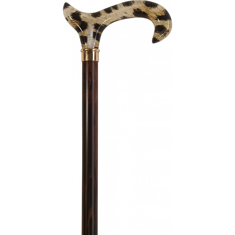 Brown wooden cane, gold ring, leopard hook handle