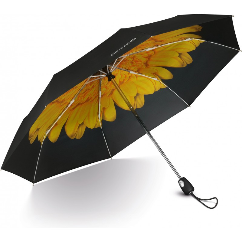 Long black umbrella with large yellow flower print