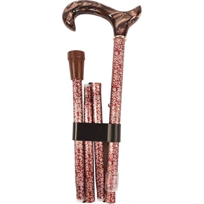 Folding cane, telescopic from 87 to 97cm, aluminum, burgundy floral pattern, beige marbled hook handle