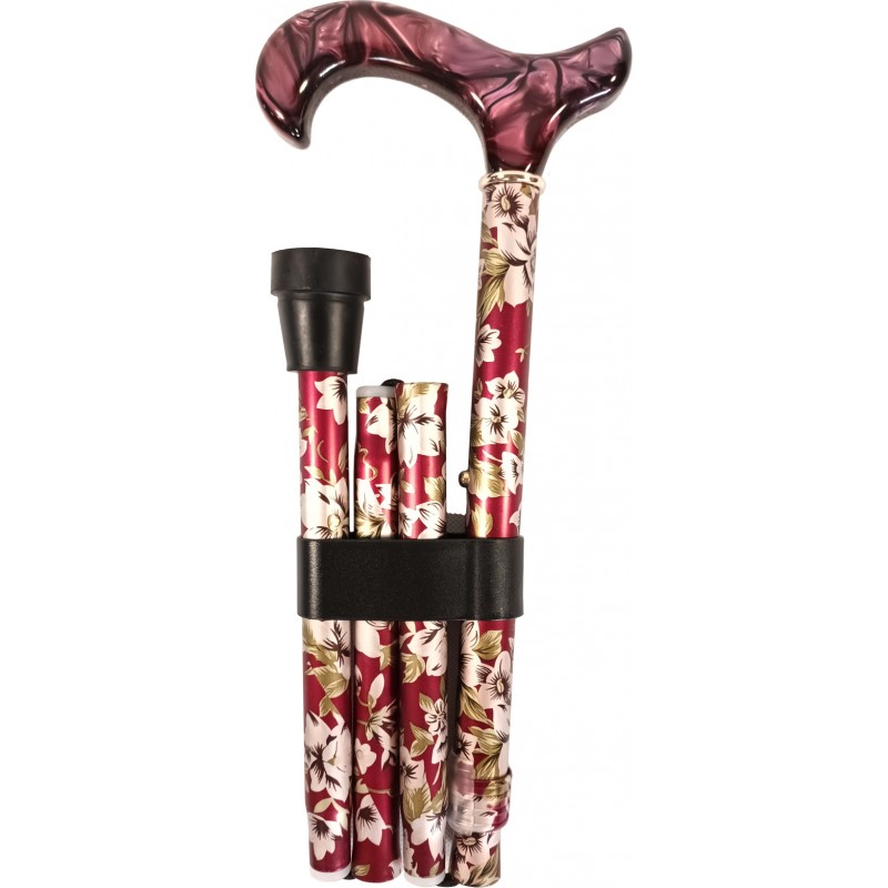 Folding cane, telescopic from 87 to 97cm, aluminum, burgundy floral pattern, burgundy marbled hook handle