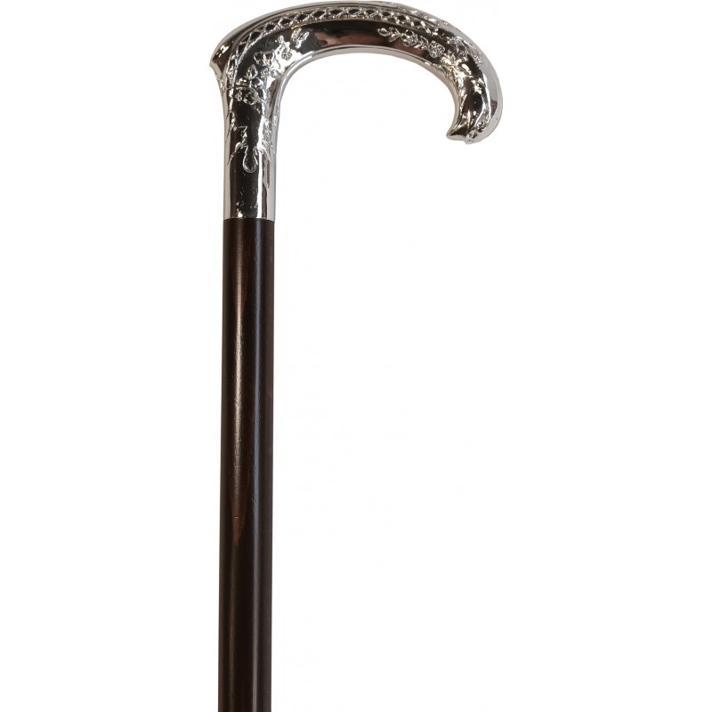 Brown wooden cane, curved chrome-plated zamak handle