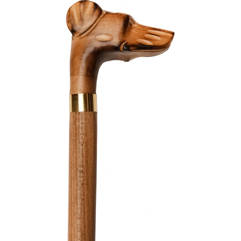 BROWN cane, flamed wood, golden ring, greyhound dog head handle