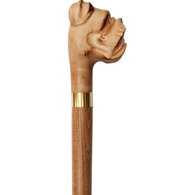 BROWN cane, flamed wood, golden ring, bulldog dog head handle