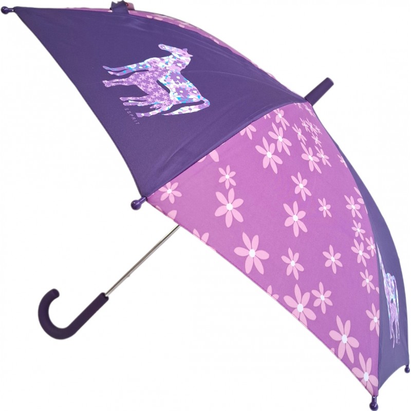 Long parapluie enfant à fleurs et chevaux, manche mauve courbé