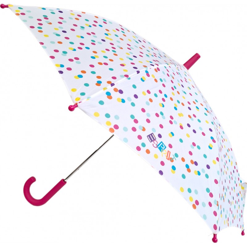 Long children's umbrella with multicolored dots, curved pink handle