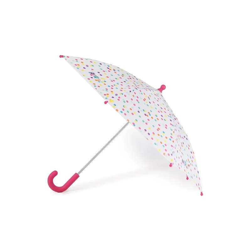 Long children's umbrella, multicolored polka dots, pink cane handle